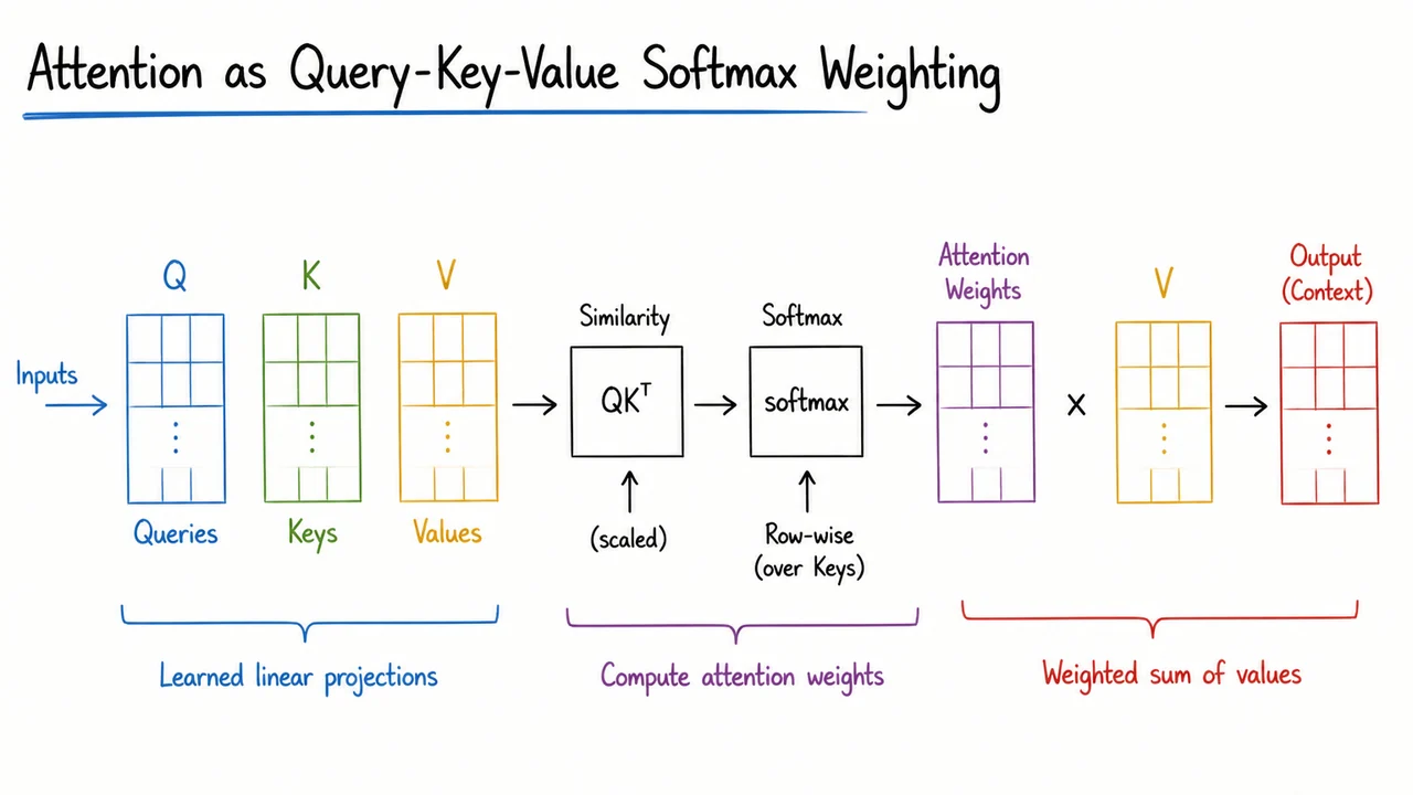 4. Attention as Query-Key-Value Softmax Weighting