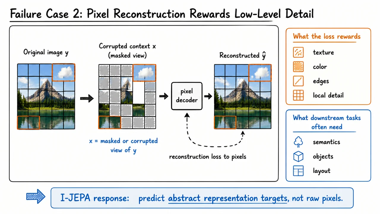 3. Failure Case 2: Pixel Reconstruction Rewards Low-Level Detail