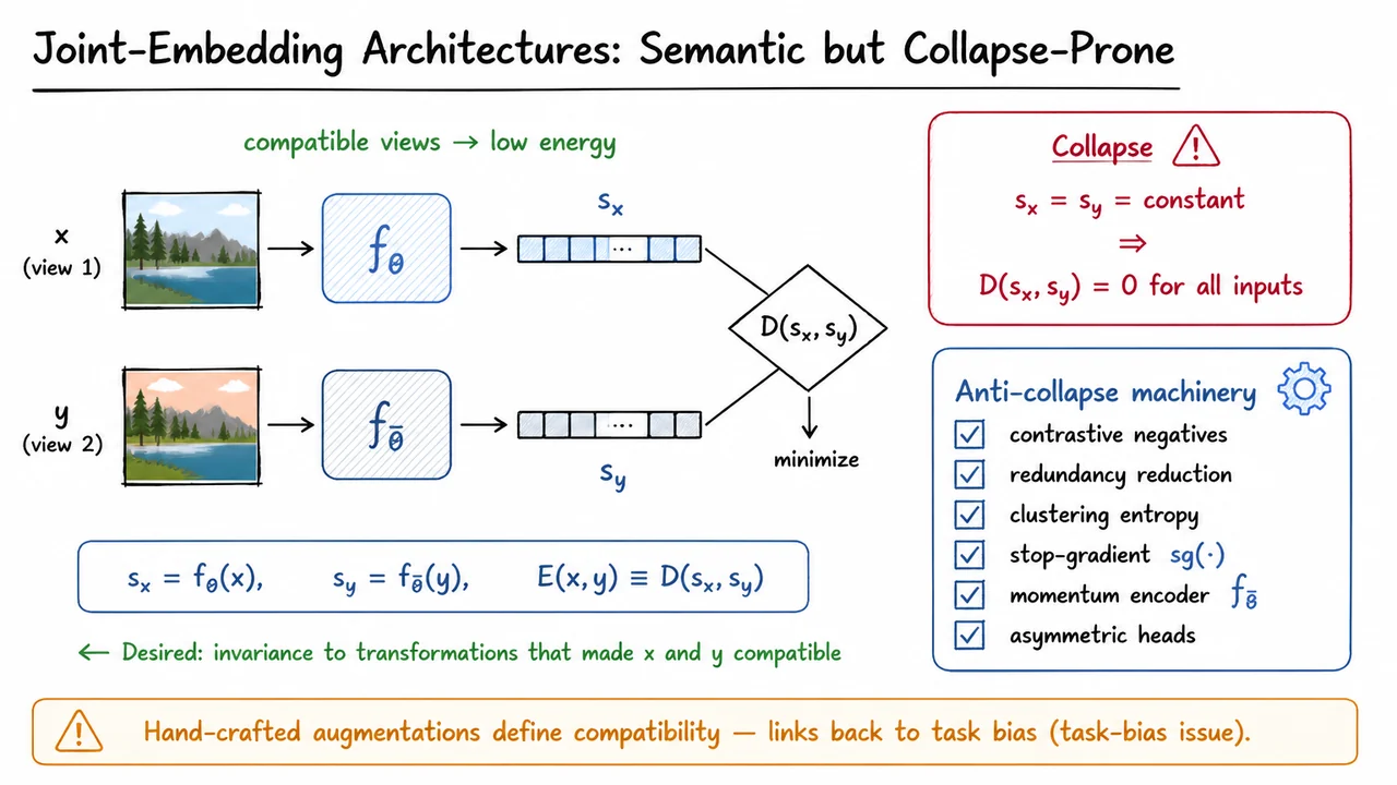 5. Joint-Embedding Architectures: Semantic but Collapse-Prone