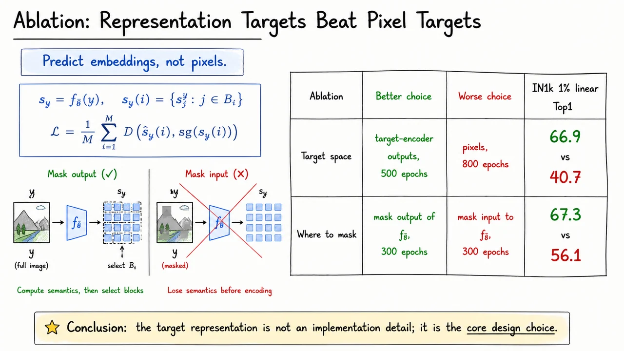 25. Ablation: Representation Targets Beat Pixel Targets