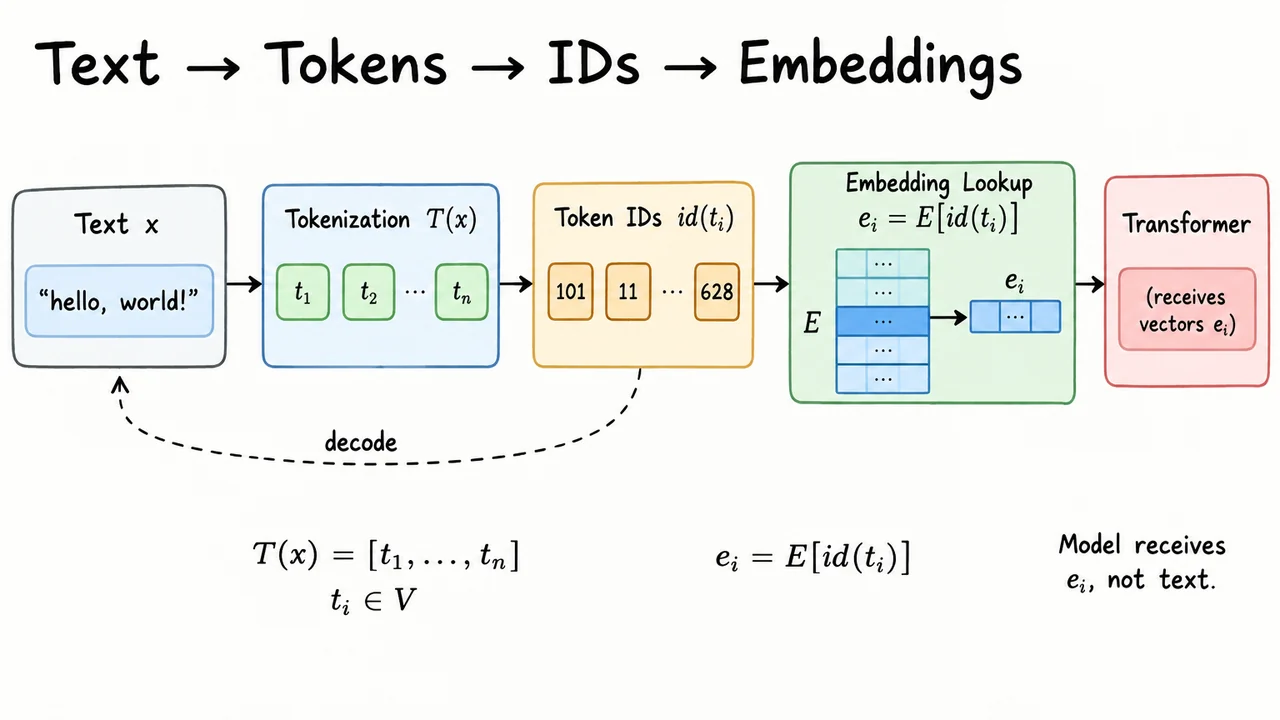 Text → Tokens → IDs → Embeddings