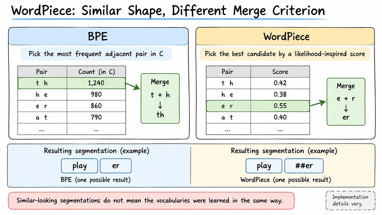 WordPiece: Similar Shape, Different Merge Criterion