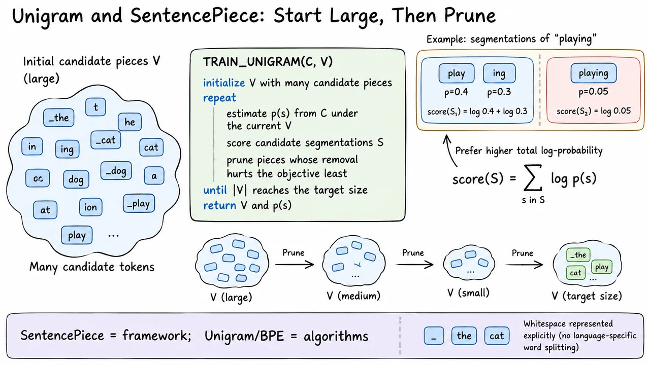Unigram and SentencePiece: Start Large, Then Prune