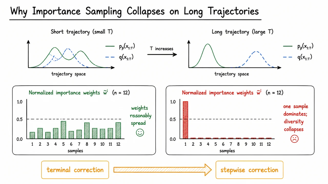Why Importance Sampling Collapses on Long Trajectories