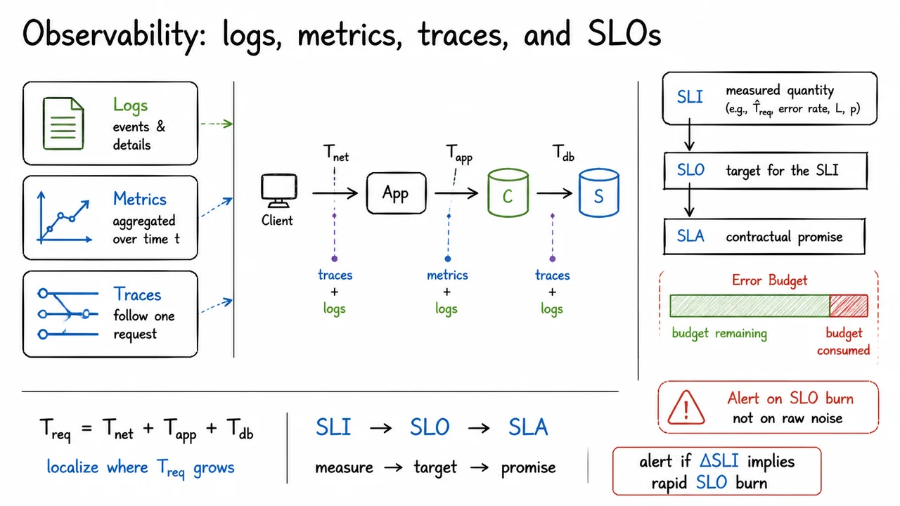 14. Observability: logs, metrics, traces, and SLOs