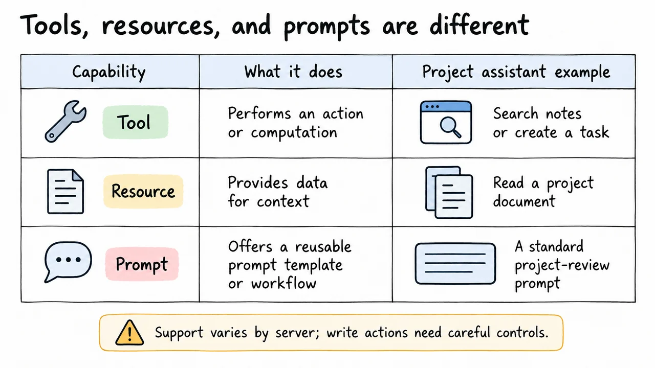 Tools, resources, and prompts are different