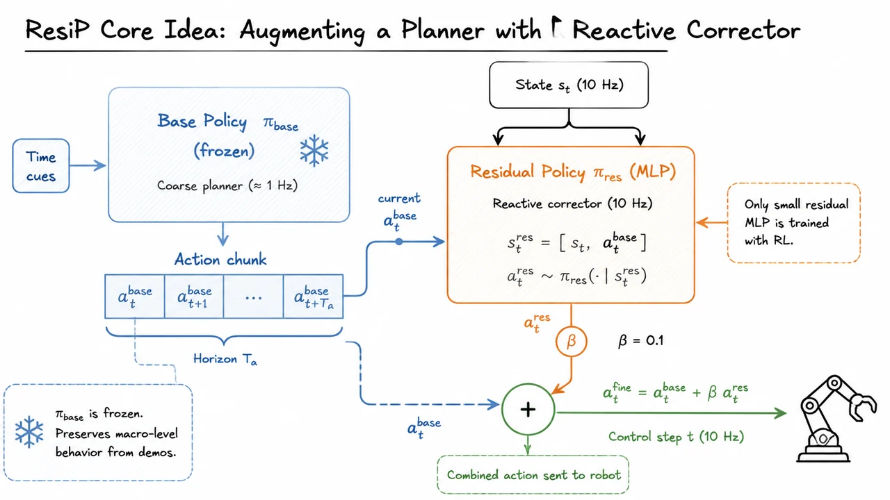 6. ResiP Core Idea: Augmenting a Planner with a Reactive Corrector